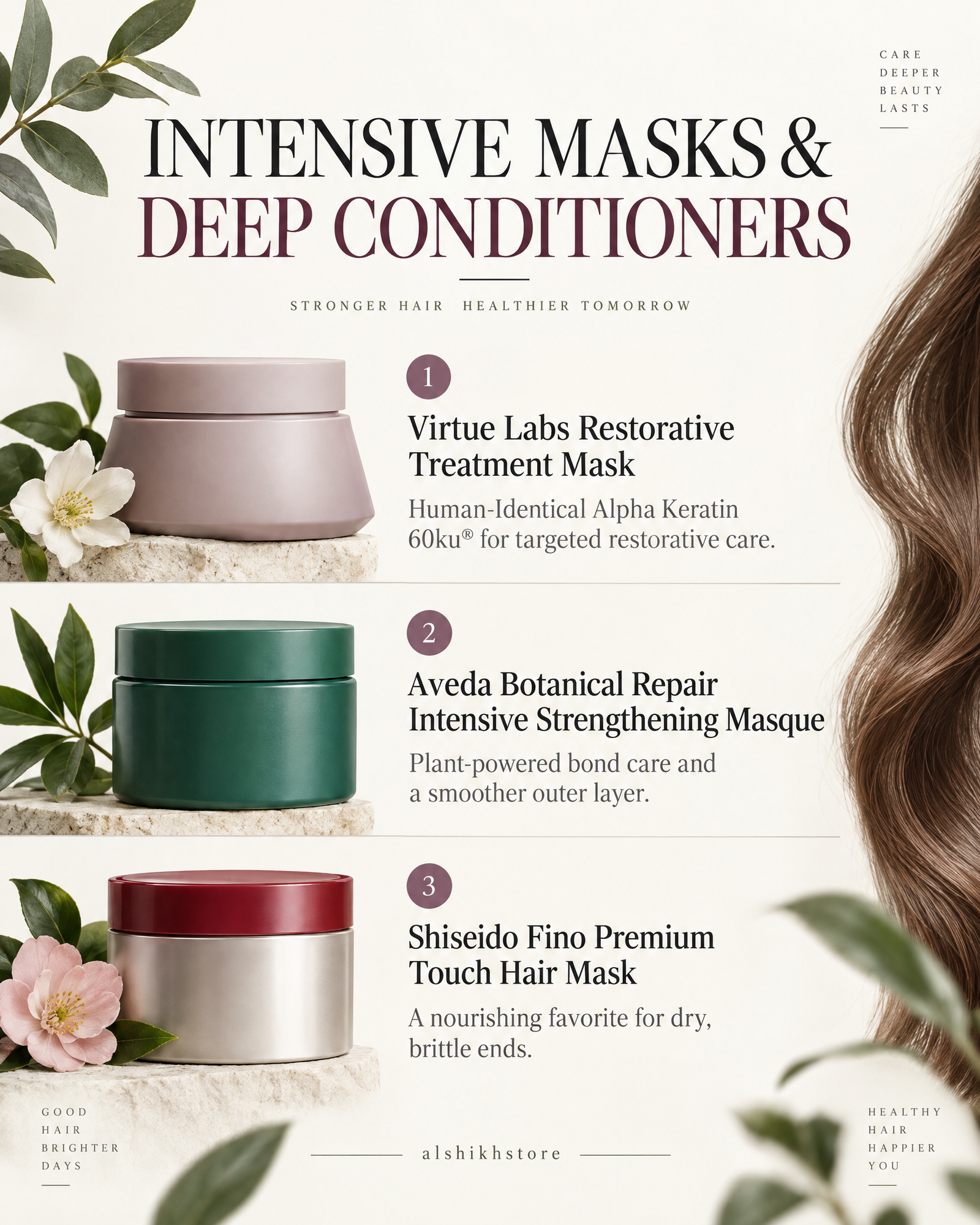Intensive Masks & Deep Conditioners: Hair-care infographic featuring Virtue Labs Restorative Treatment Mask, Aveda Botanical Repair Intensive Strengthening Masque, and Shiseido Fino Premium Touch Hair Mask. It highlights restorative care, plant-powered bond care, and nourishment for dry, brittle ends. Footer: “alshikhstore”.