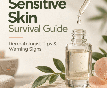 Minimalist skincare guide cover in warm cream and sage tones, featuring a serum dropper bottle and the title “Sensitive Skin Survival Guide: Dermatologist Tips & Warning Signs.” Footer: “alsheikh.”