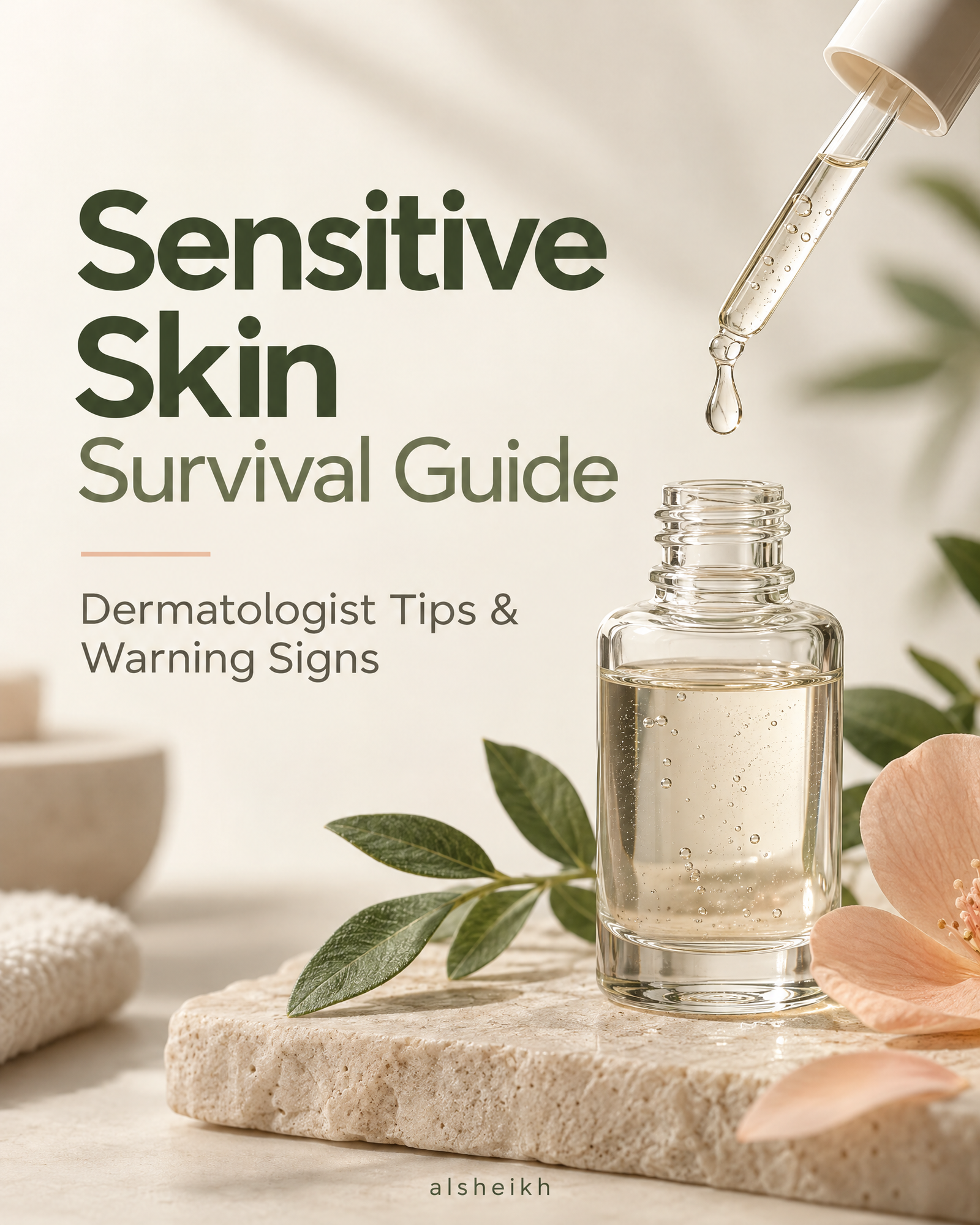 Minimalist skincare guide cover in warm cream and sage tones, featuring a serum dropper bottle and the title “Sensitive Skin Survival Guide: Dermatologist Tips & Warning Signs.” Footer: “alsheikh.”