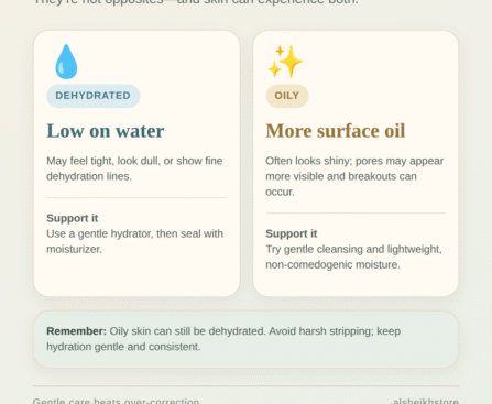 Skincare infographic with four skin types—dry, oily, combination, and sensitive—showing common signs and basic care suggestions.