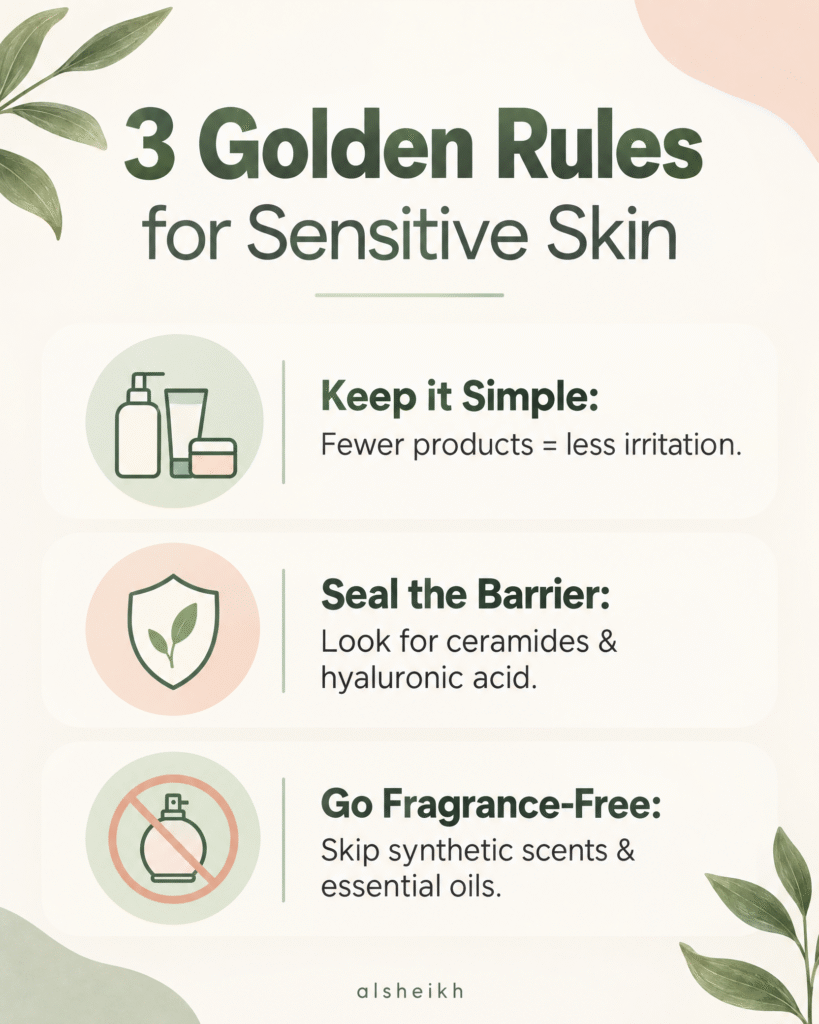 Cream-colored skincare infographic titled “3 Golden Rules for Sensitive Skin,” with icons and tips to keep routines simple, support the skin barrier with ceramides and hyaluronic acid, and avoid fragrance and essential oils. Footer: “alsheikh